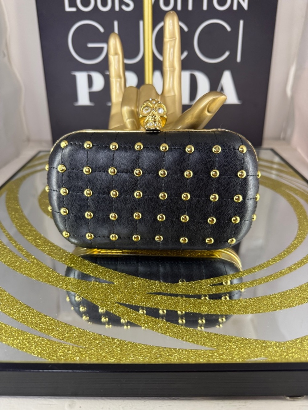 Studded Black Leather Evening Clutch with Gold Accents